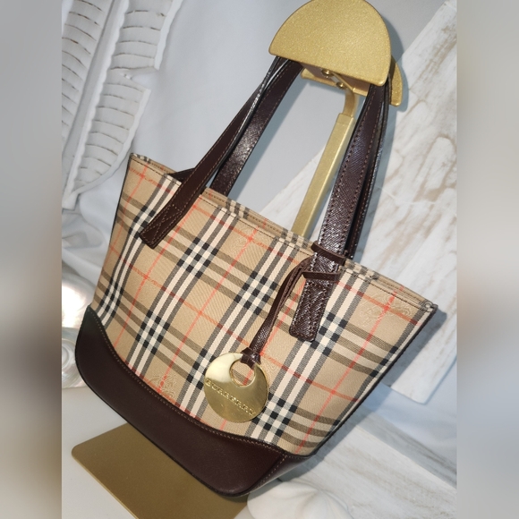 Burberry | Haymarket Check Printed Brown Leather Trim Mini Handle Bag-Like new! - Picture 1 of 15